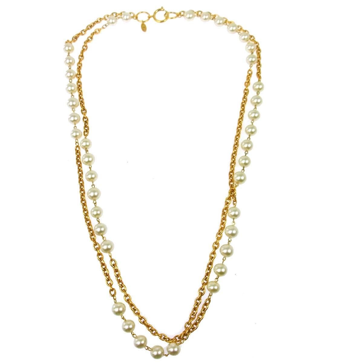 Chanel Chain Link Pearl Long Drop Drape Evening Necklace