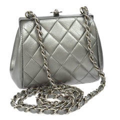 Chanel Silver Leather Party Kisslock Evening Flap Shoulder Bag