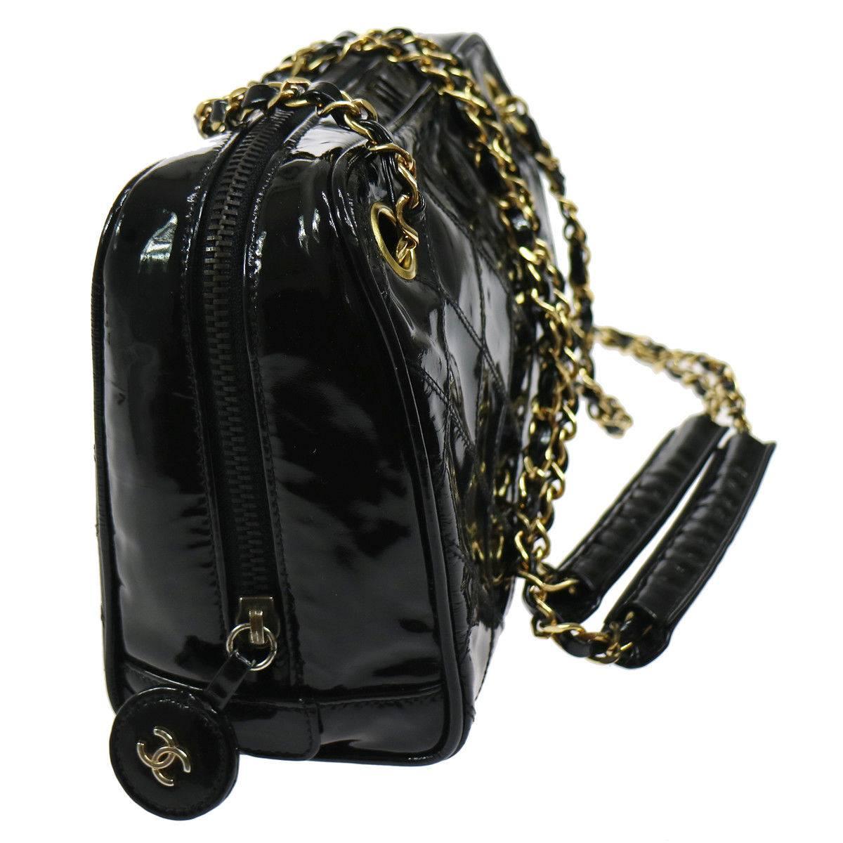Chanel Black Patent Gold Small Camera Shoulder Bag in Box In Good Condition In Chicago, IL