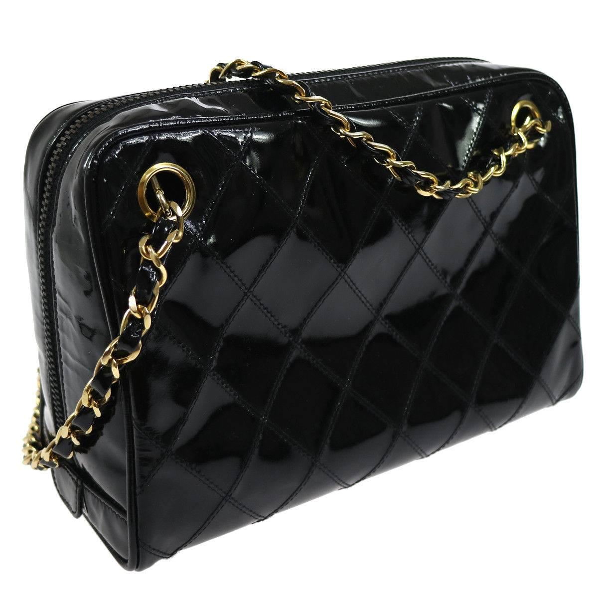 Women's Chanel Black Patent Gold Small Camera Shoulder Bag in Box