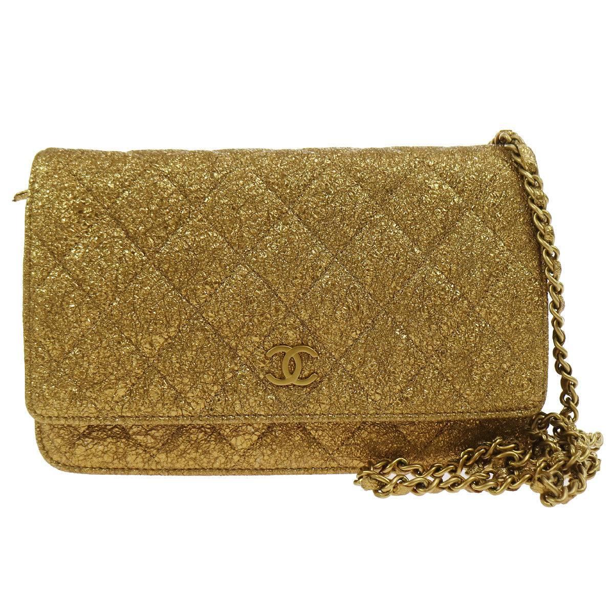 Chanel Gold Lame WOC Evening Clutch Shoulder Flap Bag With Box