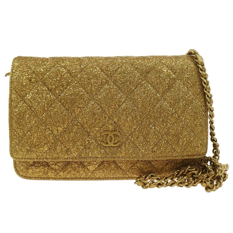 Chanel Gold Lame WOC Evening Clutch Shoulder Flap Bag With Box at