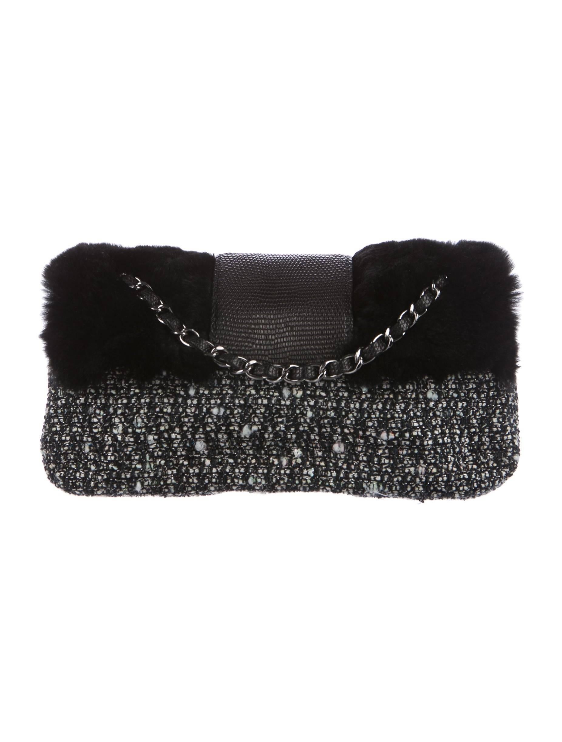 Women's Chanel NEW Limited Edition Black Tweed Leather Lizard Fur Shoulder Flap Bag