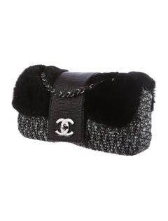 Chanel NEW Limited Edition Black Tweed Leather Lizard Fur Shoulder Flap Bag