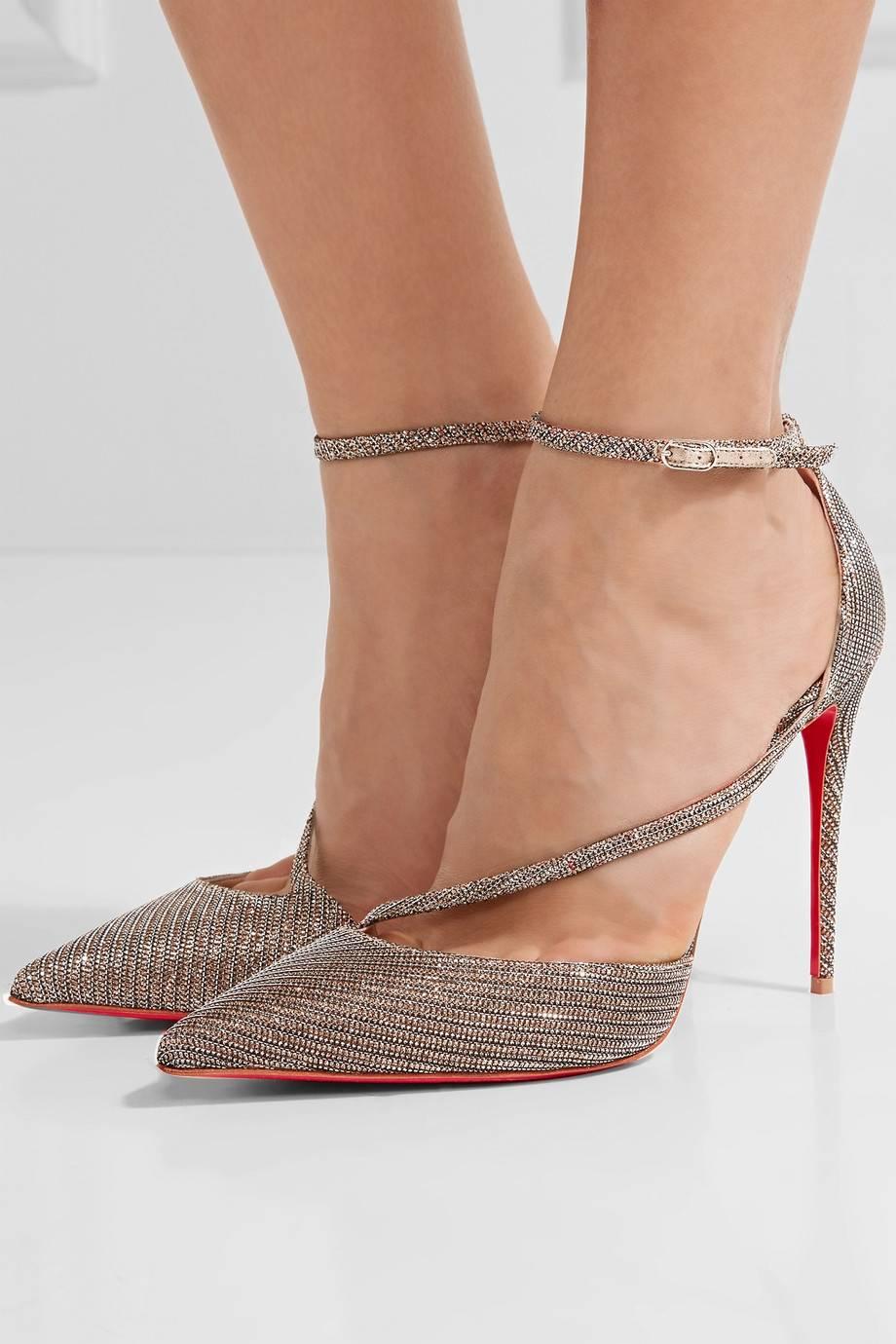 Christian Louboutin NEW Sold Out Gold Silver Glitter Criss Cross Evening Heels Pumps in Box  

Size IT 36.5
Glitter canvas 
Ankle buckle closure 
Made in Italy 
Heel height 4" (100mm) 
Includes original Christian Louboutin dust bag and box