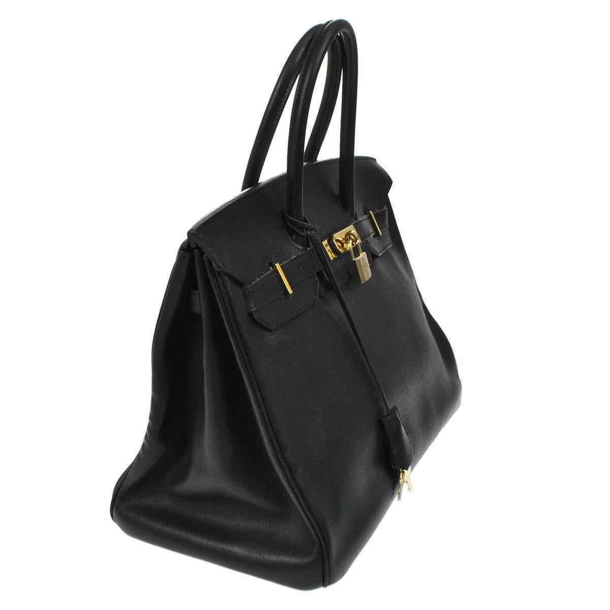Women's Hermes 35 Black Leather Gold Carryall Tote Top Handle Satchel Shoulder Bag