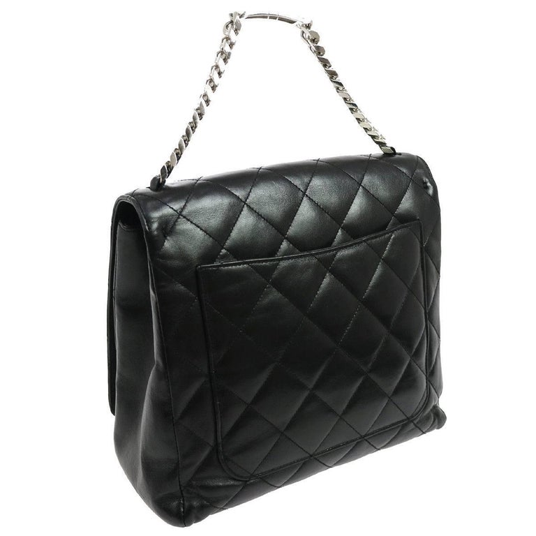 Chanel Black Lambskin Silver Chain Top Handle Satchel Evening Flap Shoulder Bag For Sale at 1stdibs