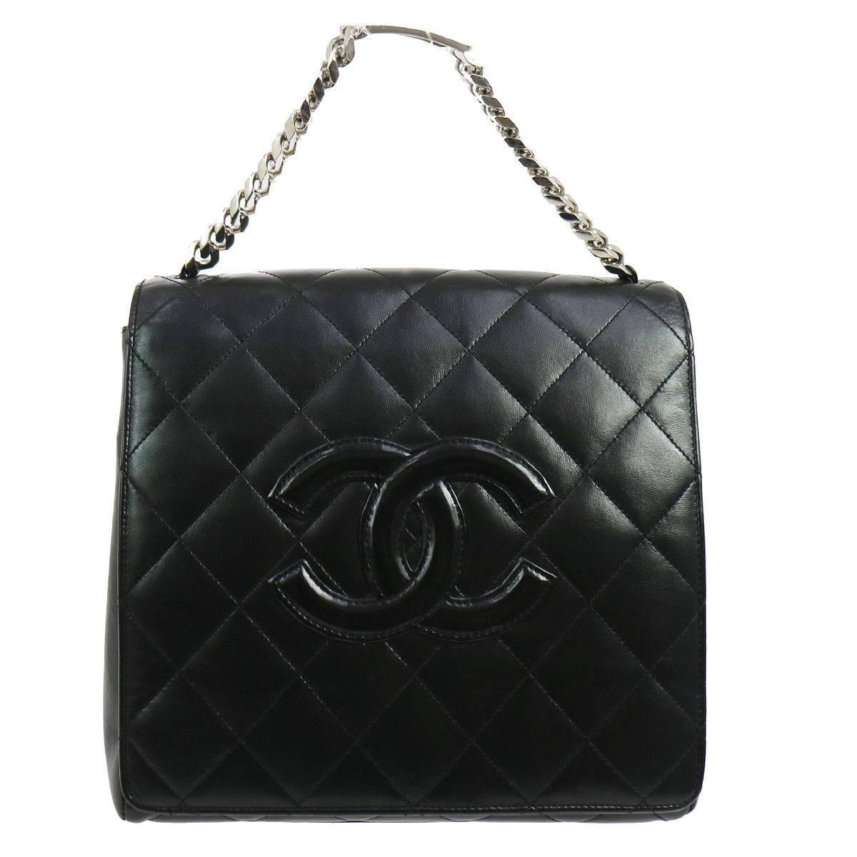 Chanel Black Lambskin Silver Chain Top Handle Satchel Evening Flap Shoulder Bag