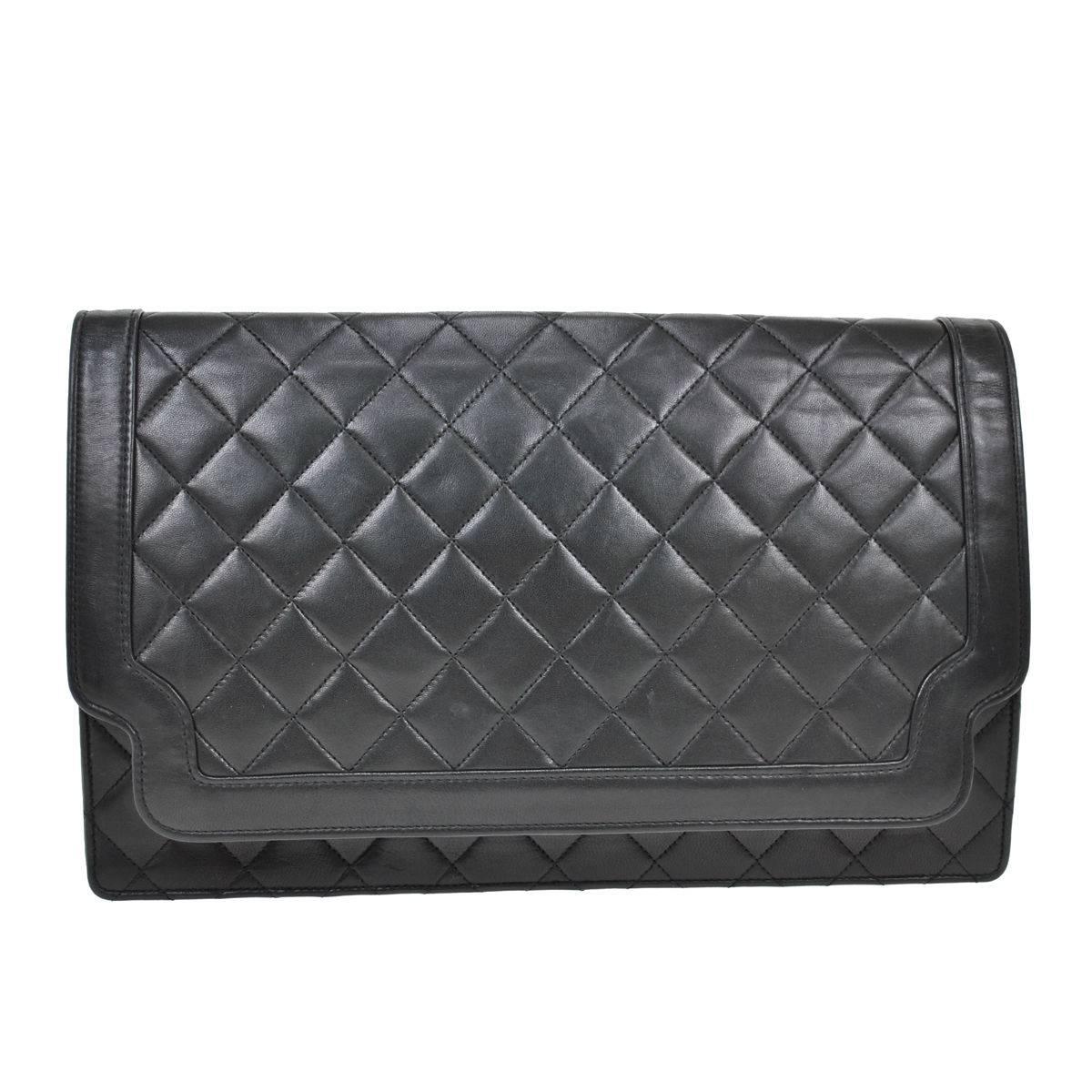 Chanel Black Leather Ribbed Evening Clutch Flap Bag