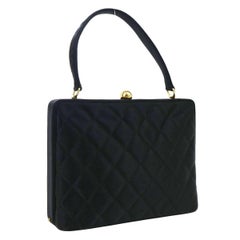 Vintage Chanel Black Satin Gold Kisslock Evening Top Handle Satchel Bag