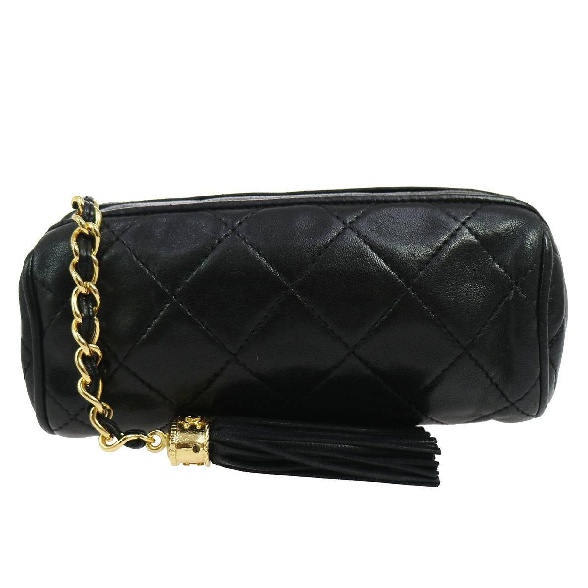 Chanel Black Leather Small Party Evening Barrel Clutch Bag in Box