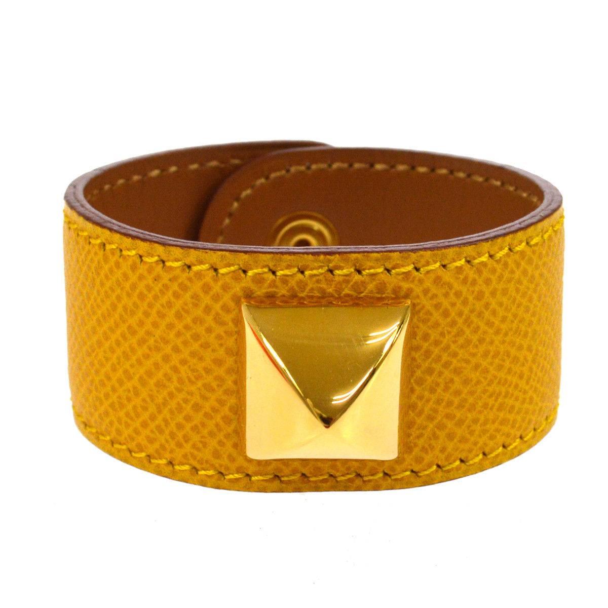 Hermes Mustard Leather Gold Stud Men's Women's Evening Cuff Bracelet in Box