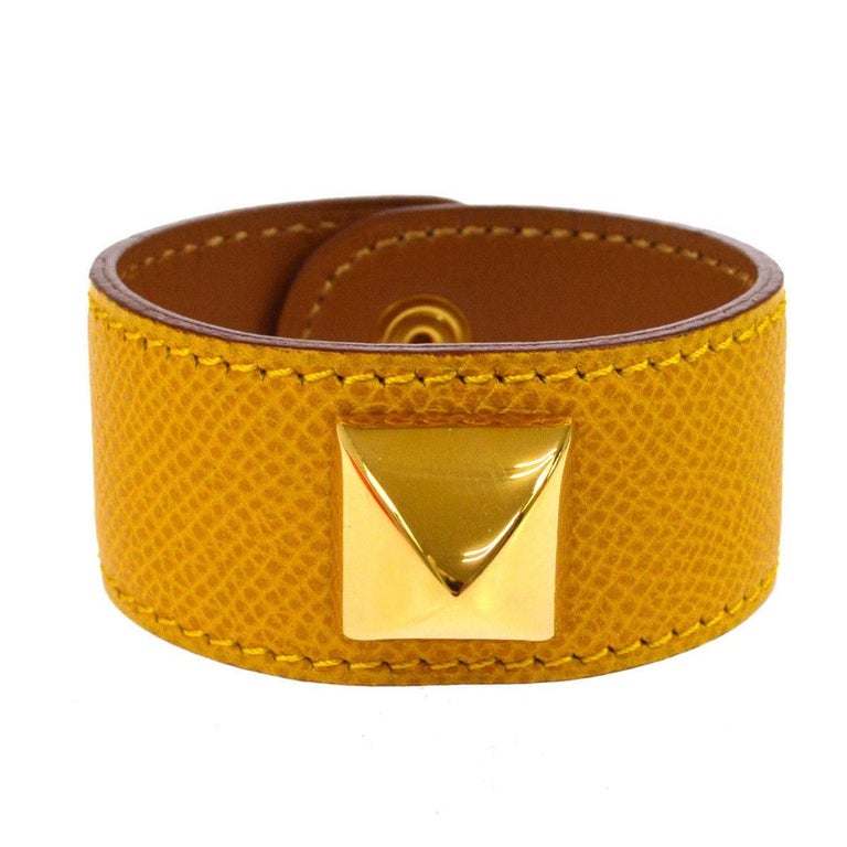 Hermes Mustard Leather Gold Stud Men's Women's Evening Cuff Bracelet in