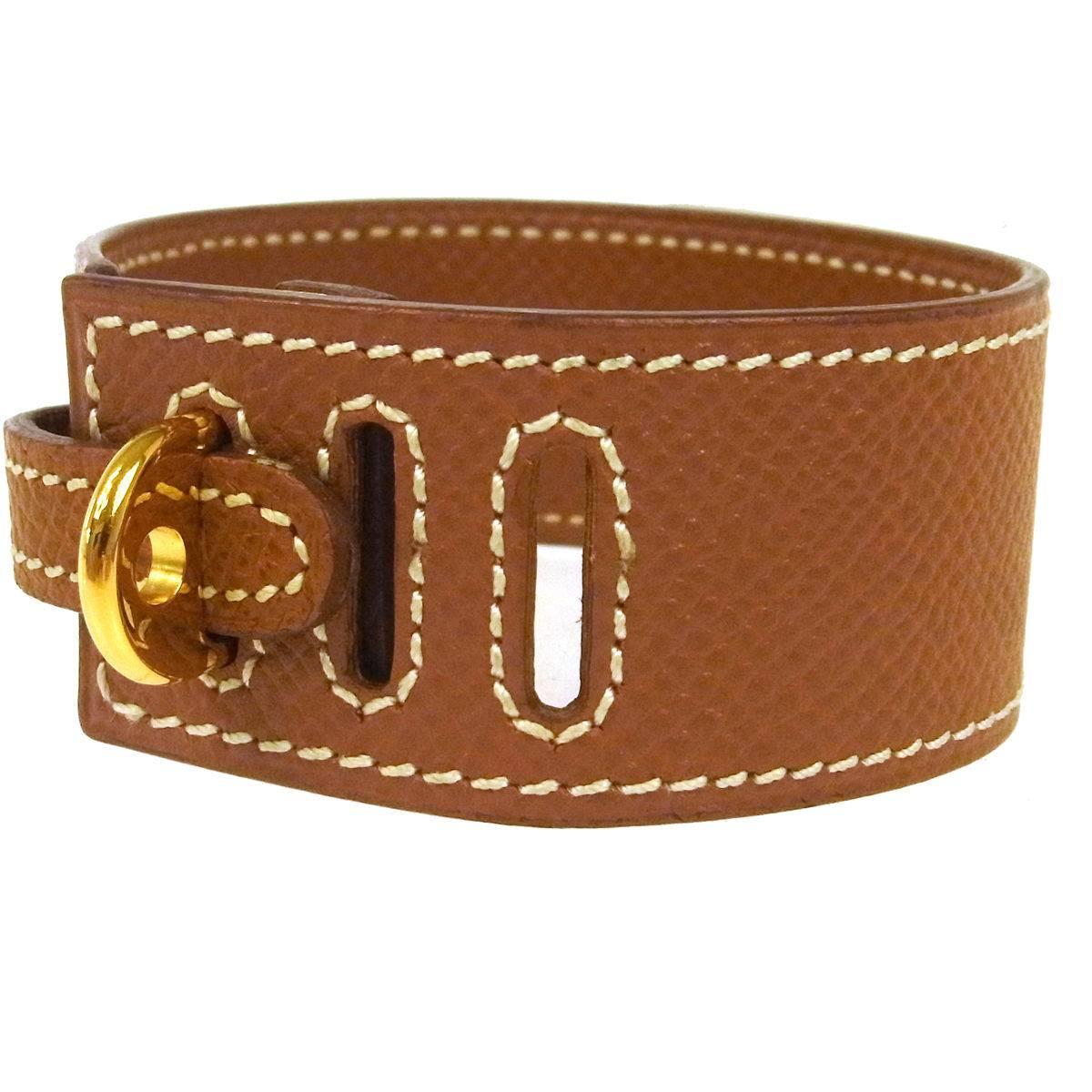 Hermes Cognac Leather Gold Buckle Charm Men's Women's Evening Cuff Bracelet  In Good Condition In Chicago, IL