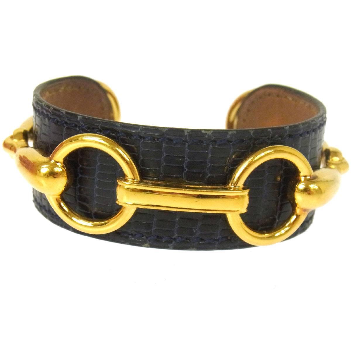 Hermes Lizard Blue Gold Charm Men's Women's Evening Cuff Bracelet For Sale