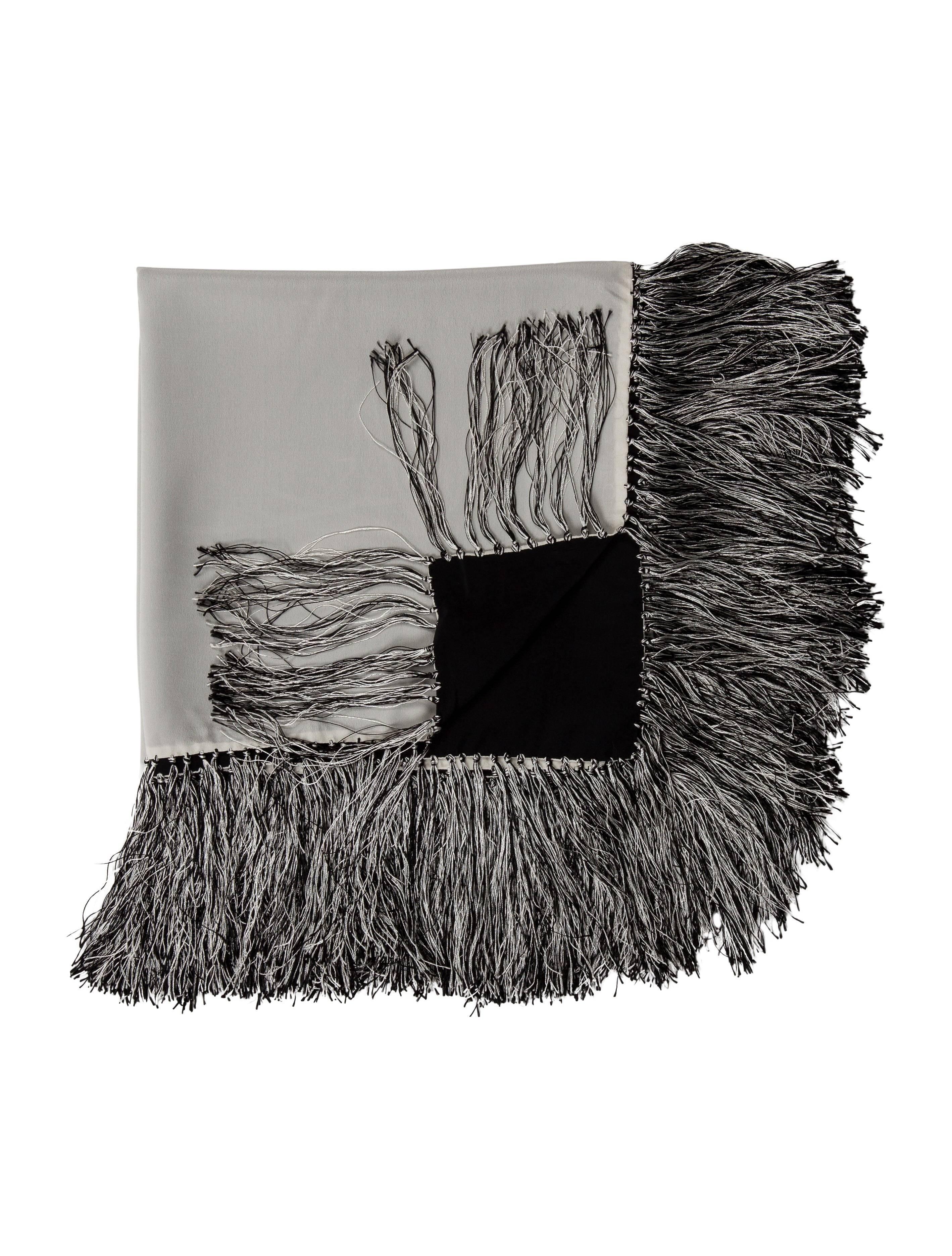 Chanel Silk Black Gray Fringe Tassel Couch Chair Home Decor Throw Blanket In Excellent Condition In Chicago, IL