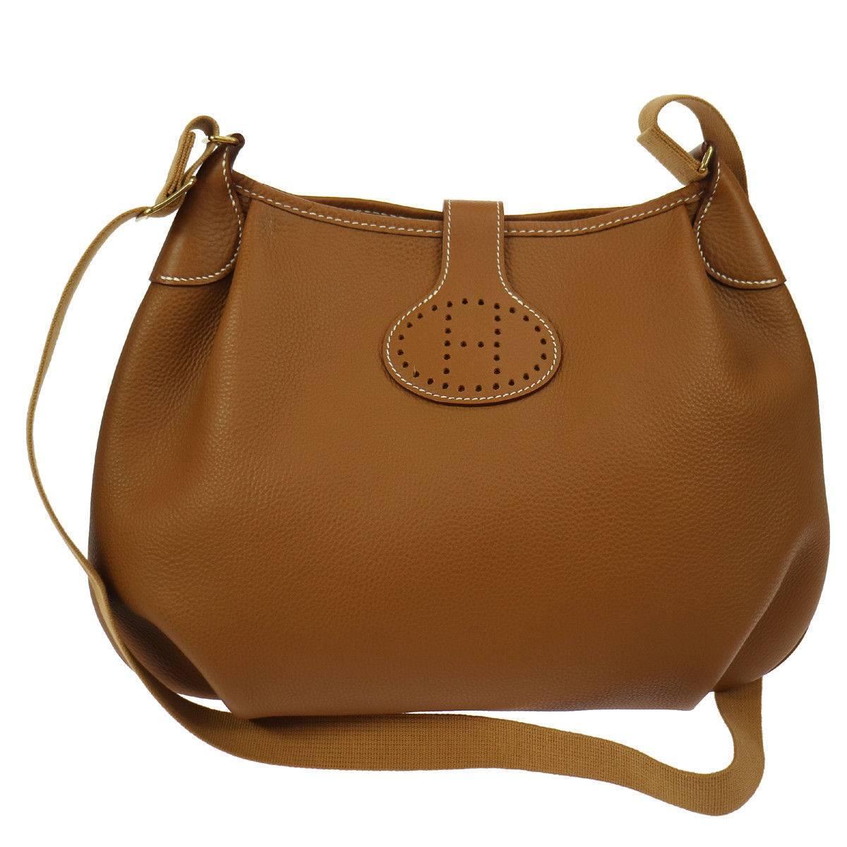 Hermes Cognac Leather H Men's Women's Carryall Messenger Crossbody Shoulder Bag