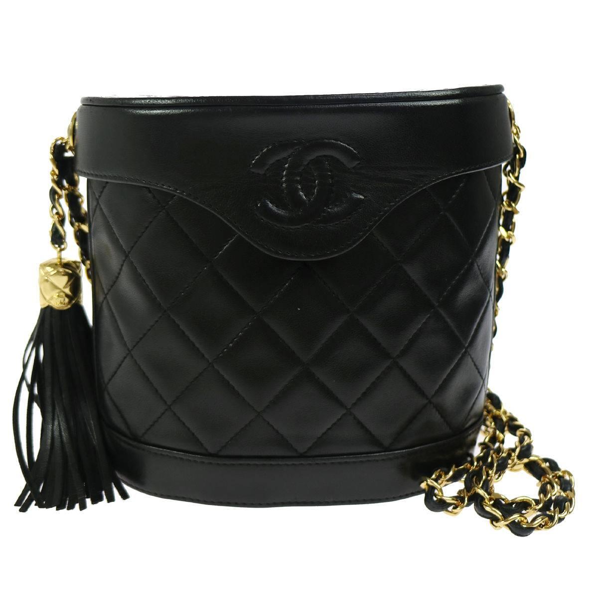 Chanel Black Leather Gold Party Evening Flip Bucket Shoulder Flap Bag