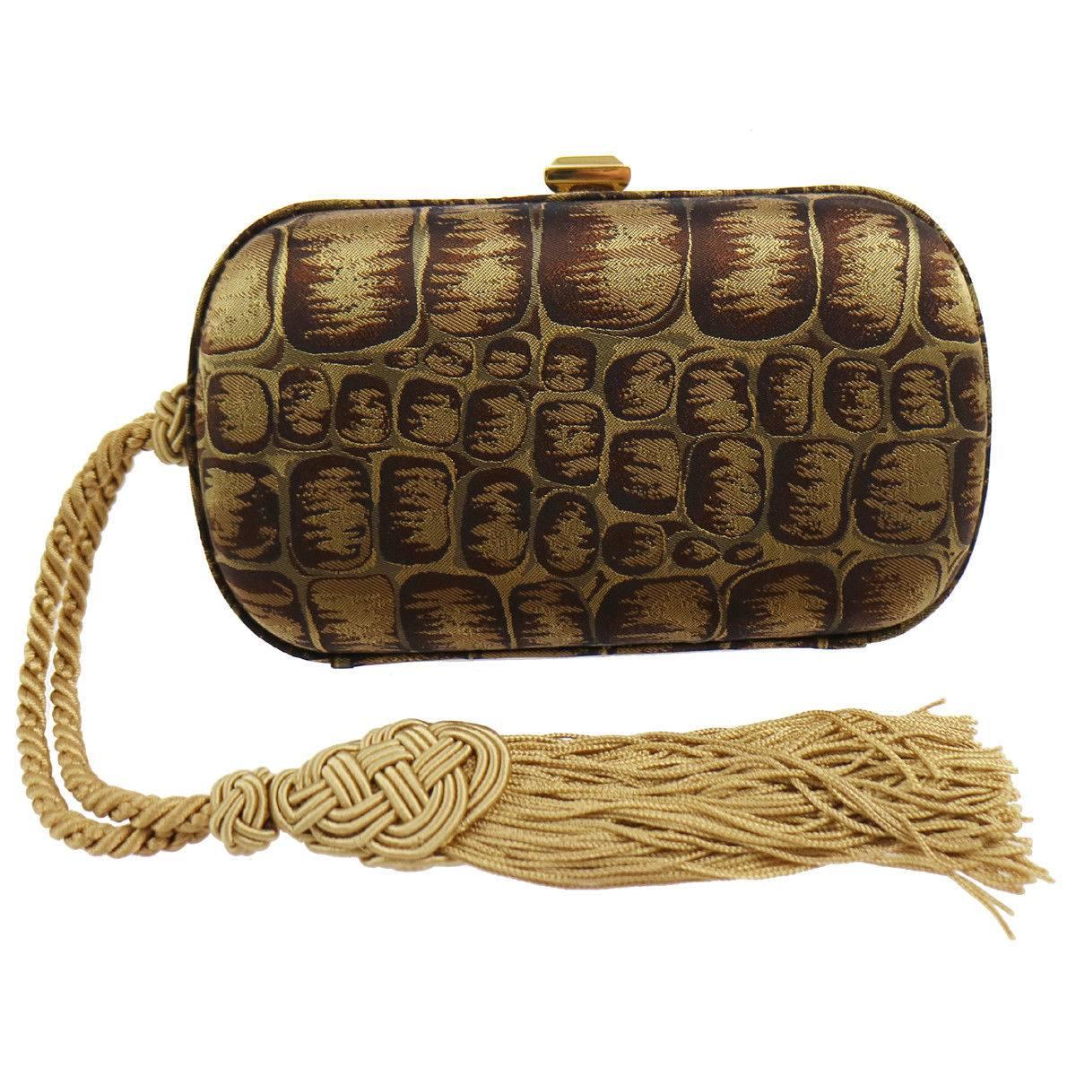BOttega Veneta Brown Gold Canvas Snakeprint Tassel Evening Clutch Bag