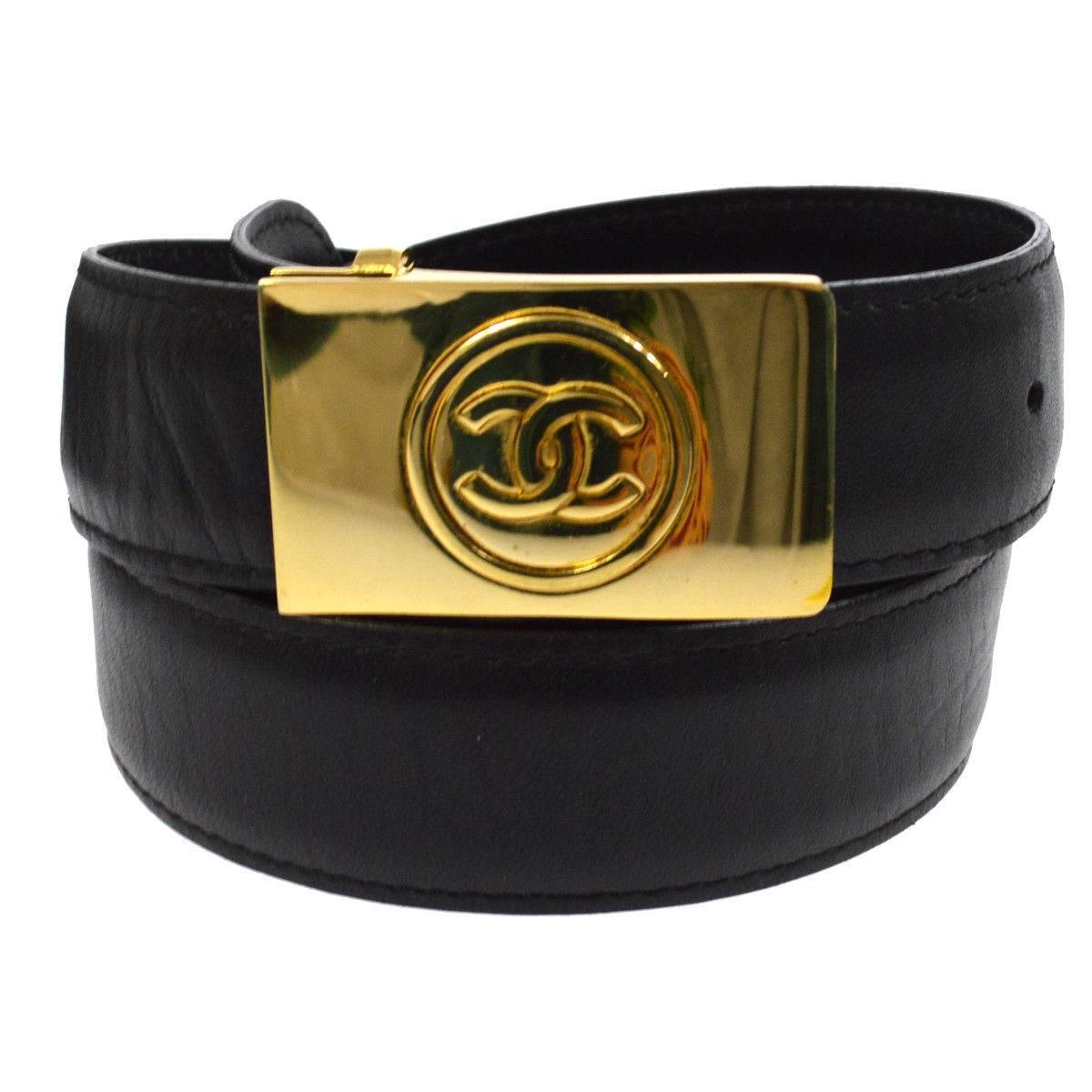 Chanel Black Leather Gold Buckle Charm Evening Waist Belt in Box