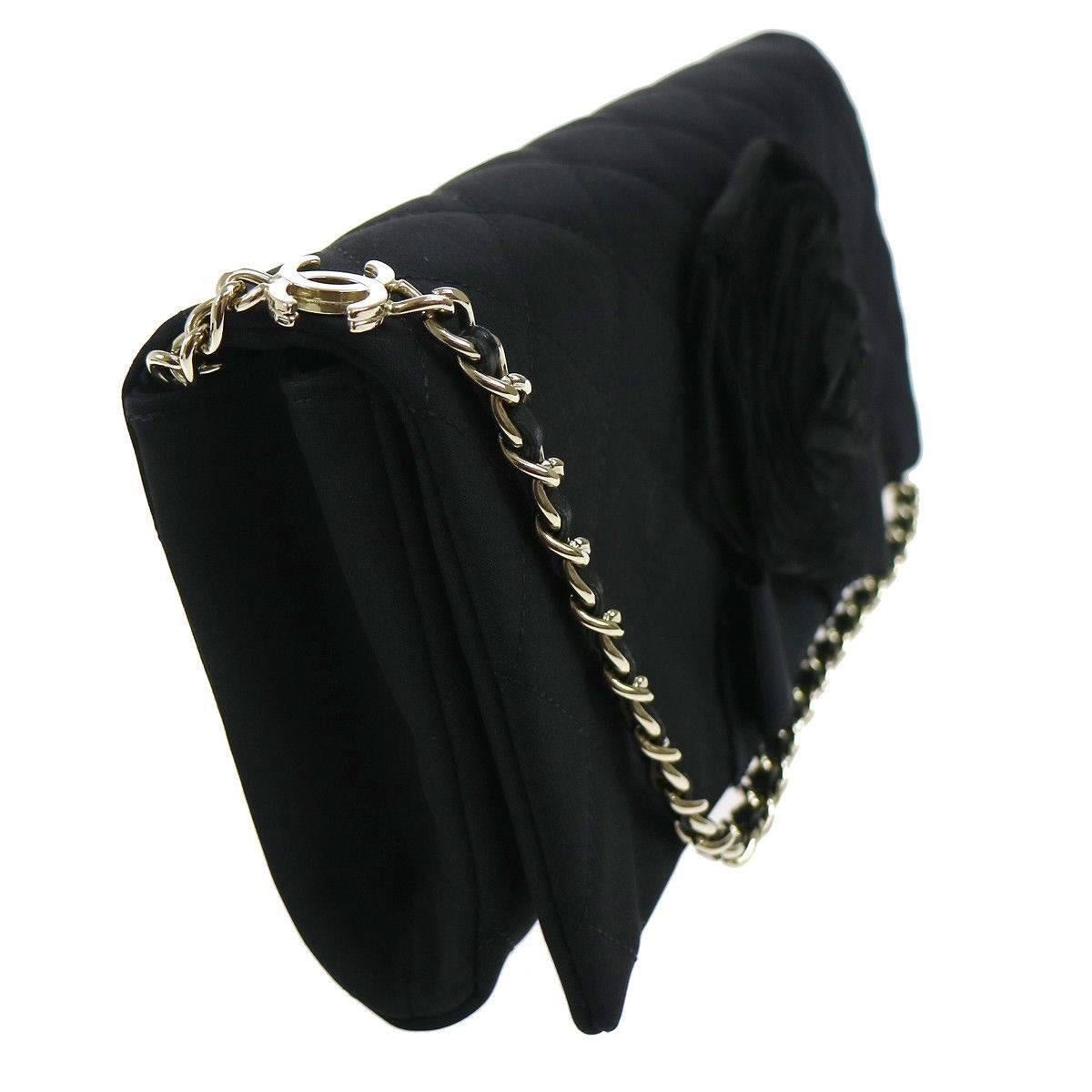 Chanel Black Organza Flower Envelope Evening Clutch Top Handle Shoulder Flap Bag In Excellent Condition In Chicago, IL