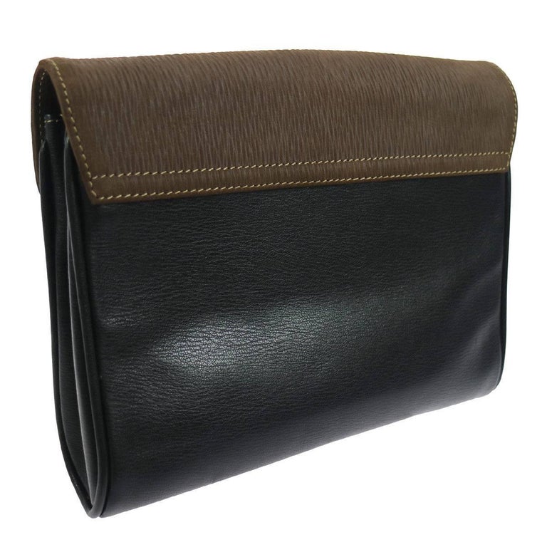 Loewe Brown Black Leather Gold Evening Envelope Clutch Bag