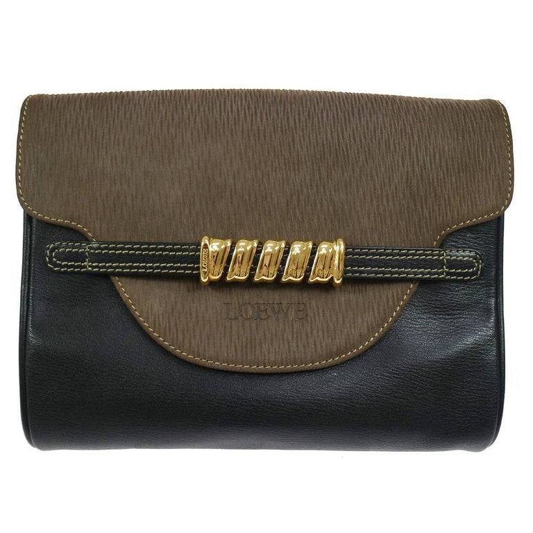 Loewe Brown Black Leather Gold Evening Envelope Clutch Bag For Sale at
