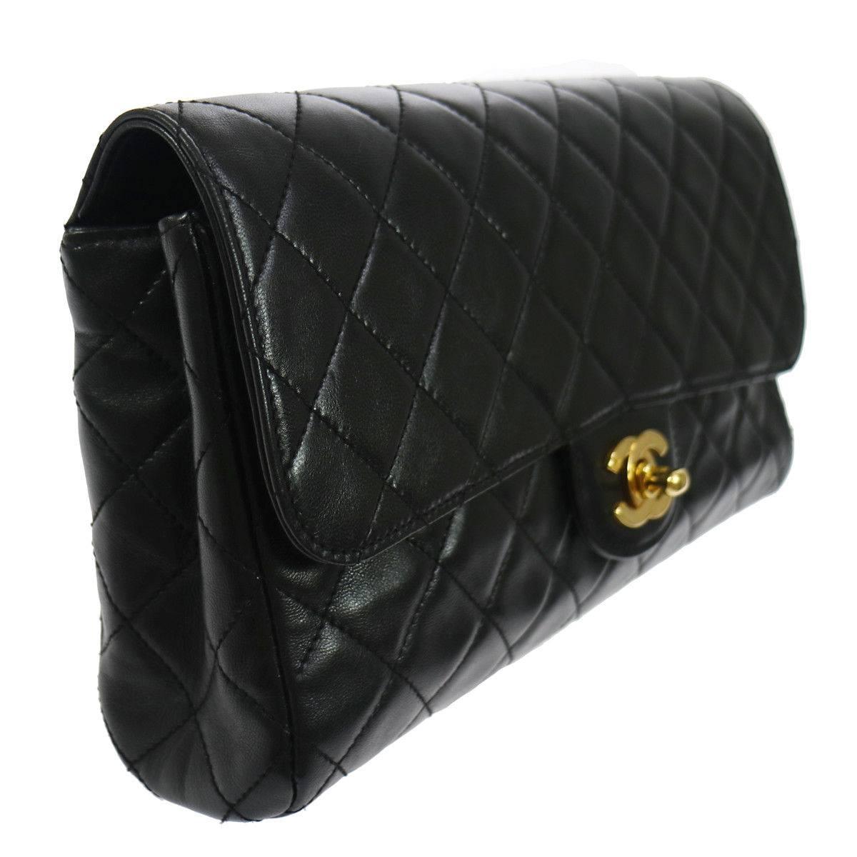 Women's Chanel Black Lambskin Gold Top Handle Envelope Evening Clutch Flap Bag
