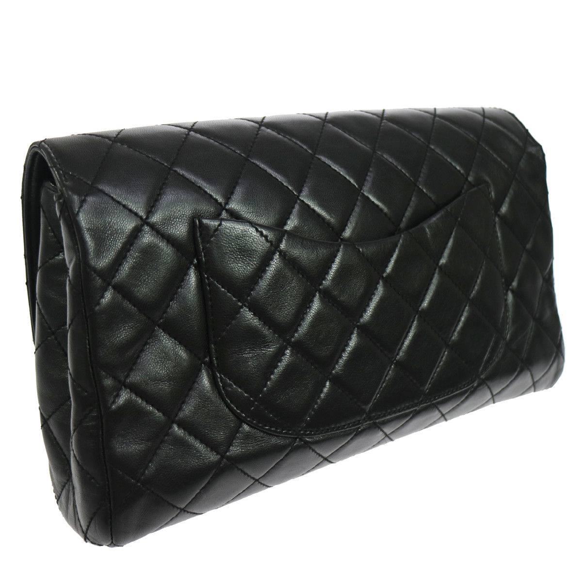 Chanel Black Lambskin Gold Top Handle Envelope Evening Clutch Flap Bag In Excellent Condition In Chicago, IL