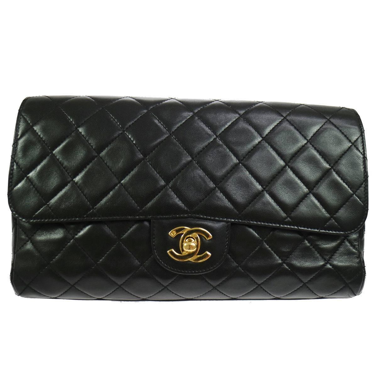 Chanel Black Lambskin Gold Top Handle Envelope Evening Clutch Flap Bag