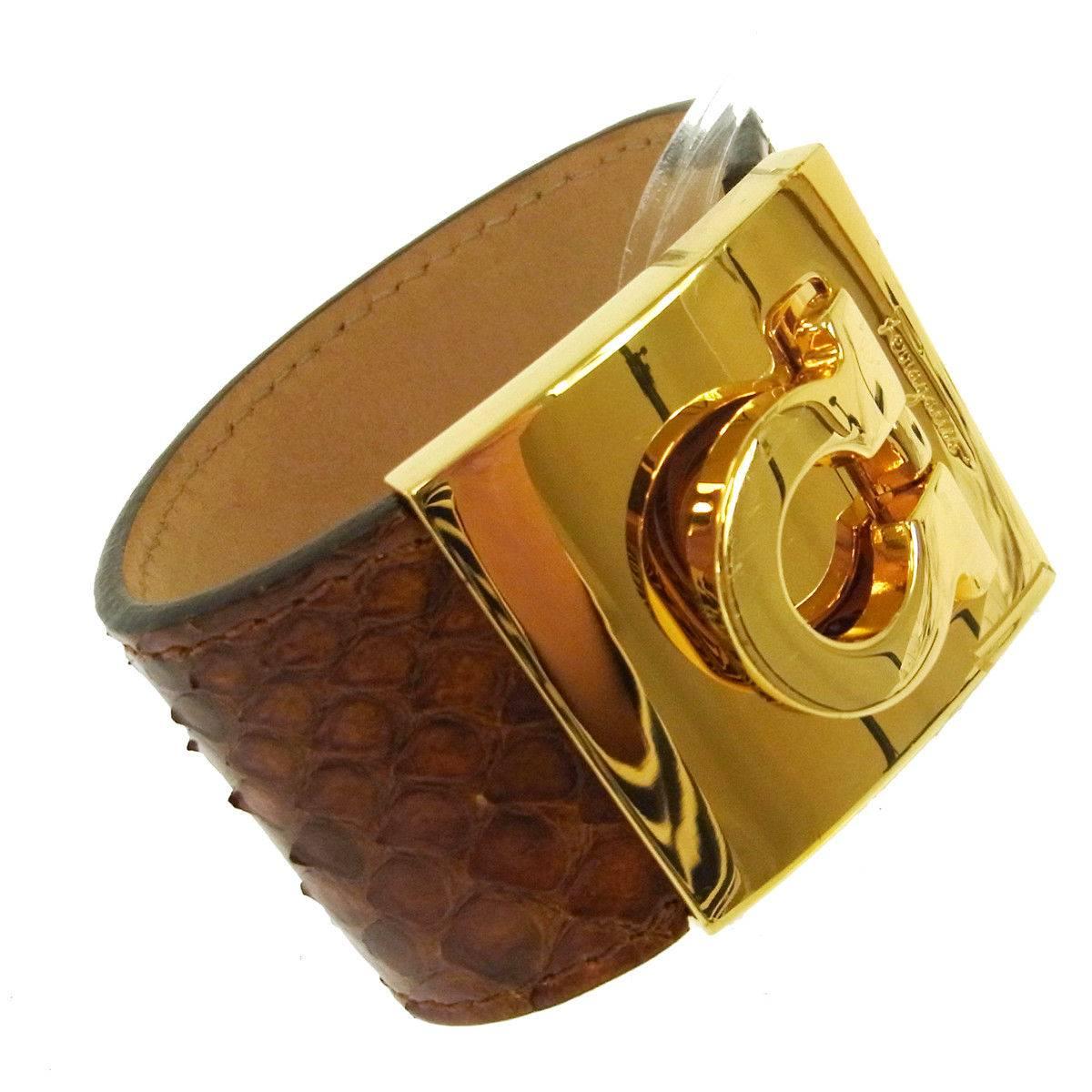 Salvatore Ferragamo Snakeskin Lizard Gold Buckle Charm Evening Cuff Bracelet 