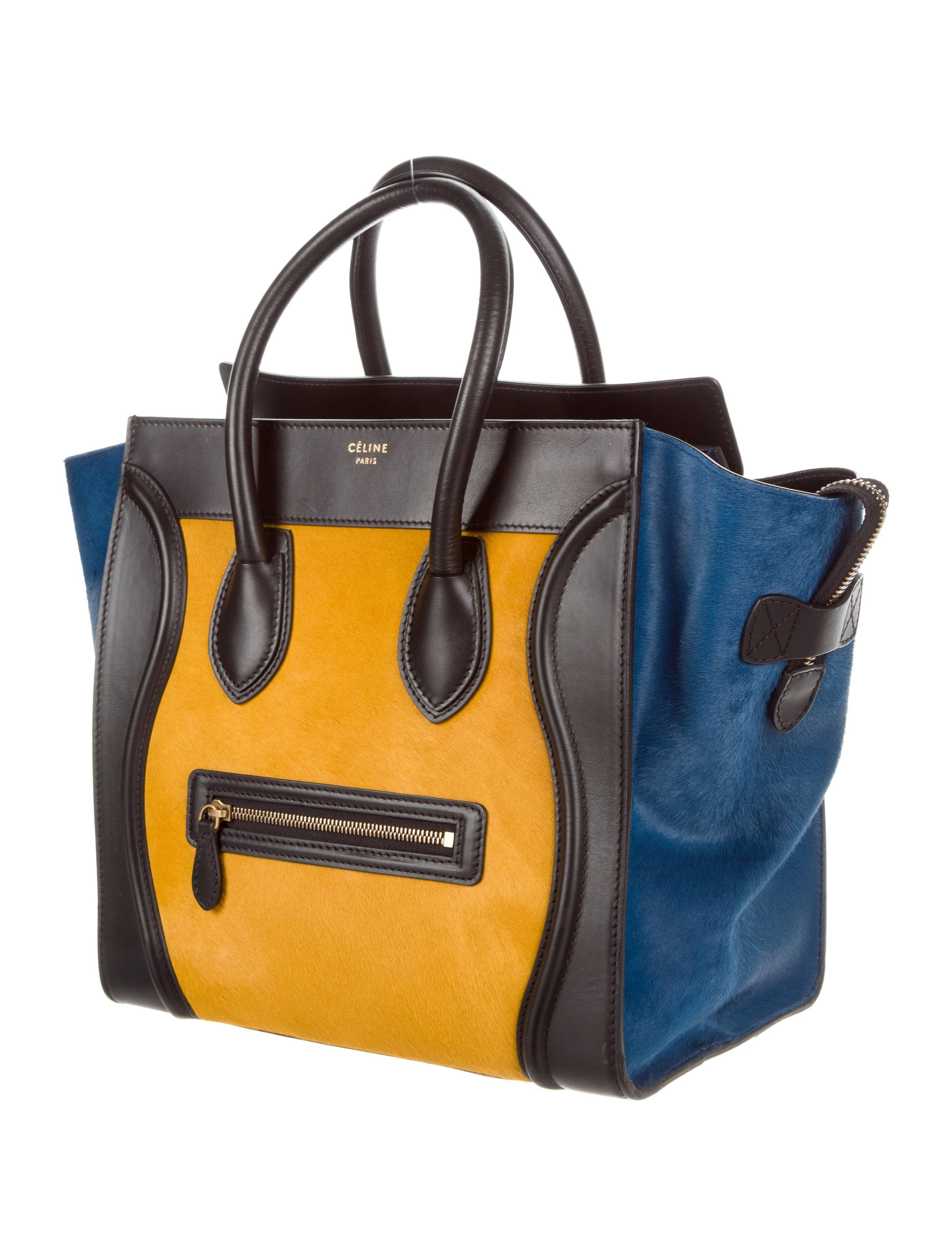 Women's Celine NEW Black Blue Yellow Pony Small Mini Top Handle Satchel Tote Bag
