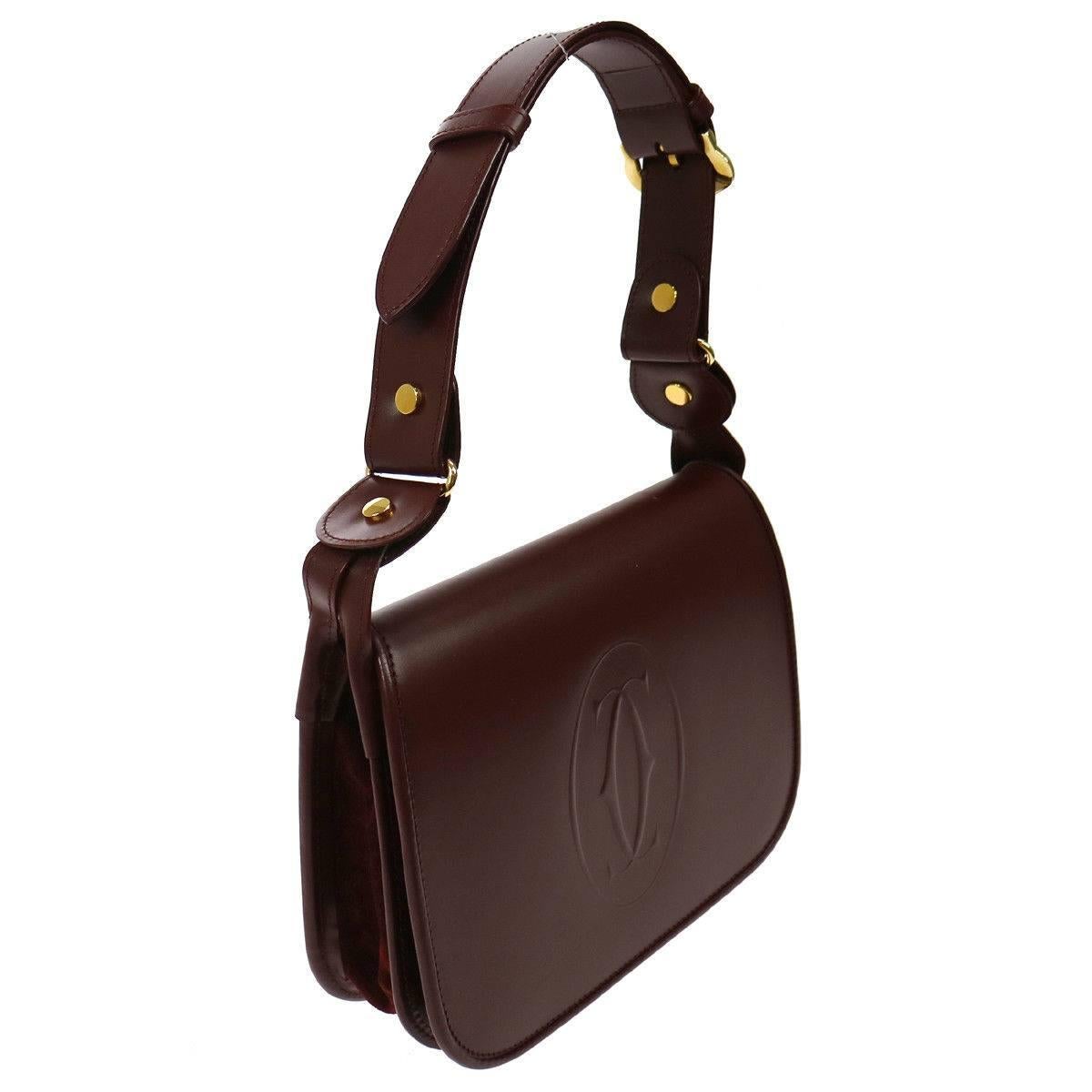 Black Cartier Like New Bordeaux Leather Saddle Top Handle Shoulder Flap Bag in Box