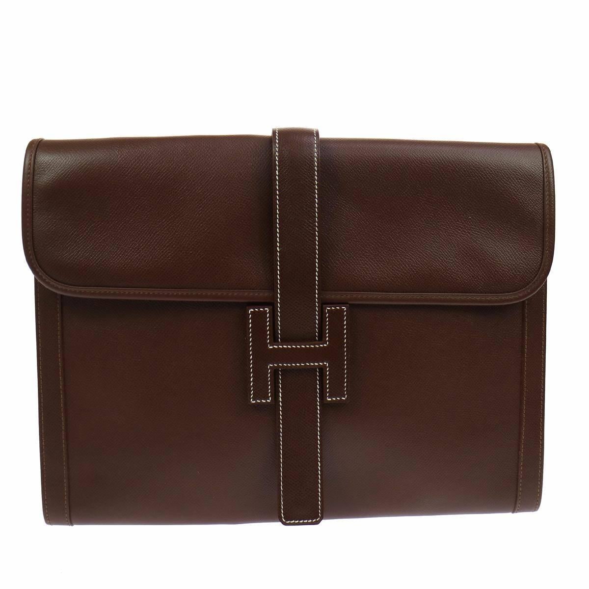 Hermes Like New Chocolate Leather Stitch H Envelope Evening Clutch Flap Bag