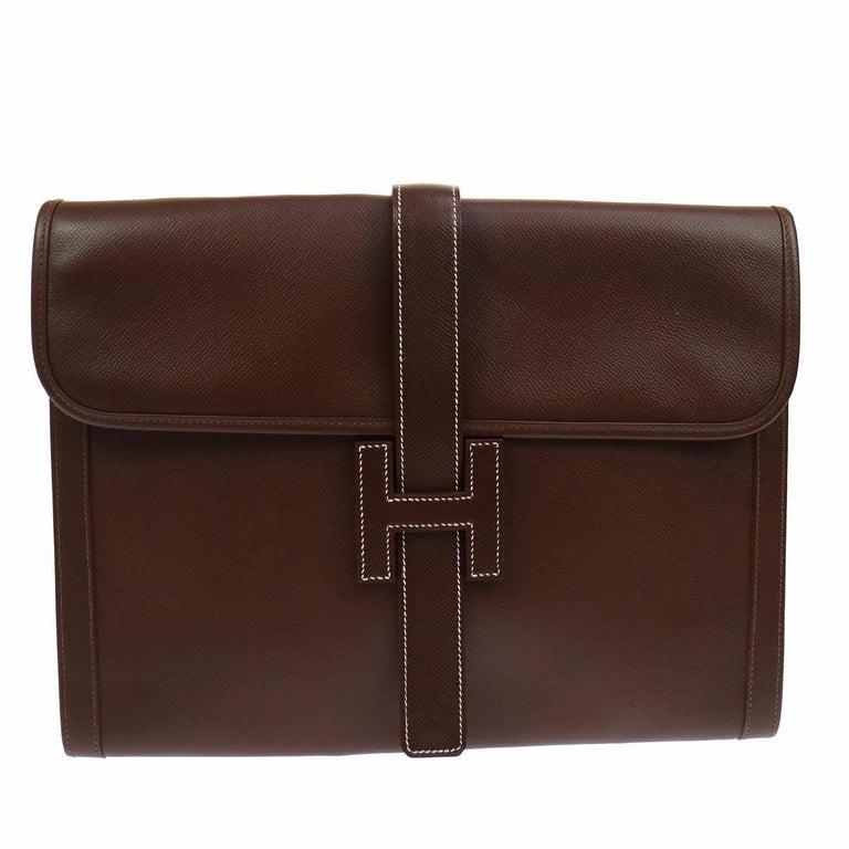 Hermes Like New Chocolate Leather Stitch H Envelope Evening Clutch Flap