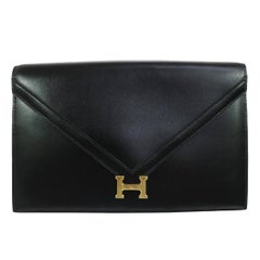 Vintage Hermes Black Leather Gold H Lock Charm Envelope Evening Clutch Flap Bag
