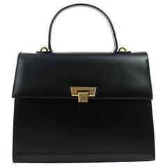 Christian Dior Black Leather Kelly Style Top Handle Satchel Evening Flap Bag