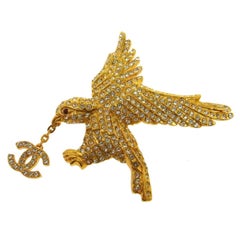 Chanel Rare Gold Crystal Studded Bird Charm Evening Pin Lapel Brooch in Box