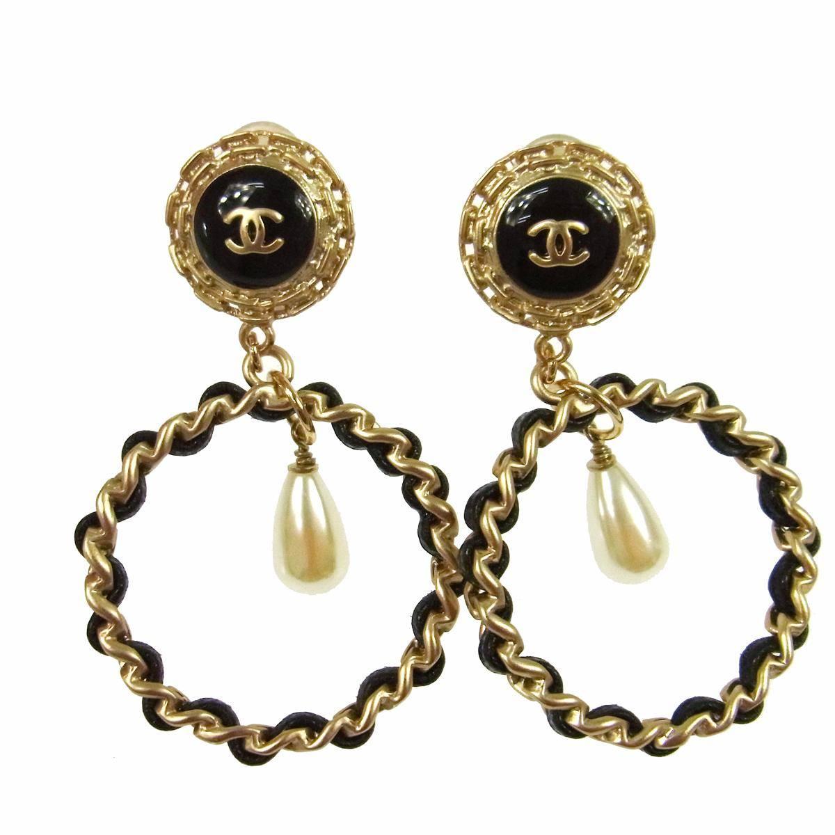 Chanel Gold Filigree Pearl Tear Drop Leather Chain Evening Earrings in Box