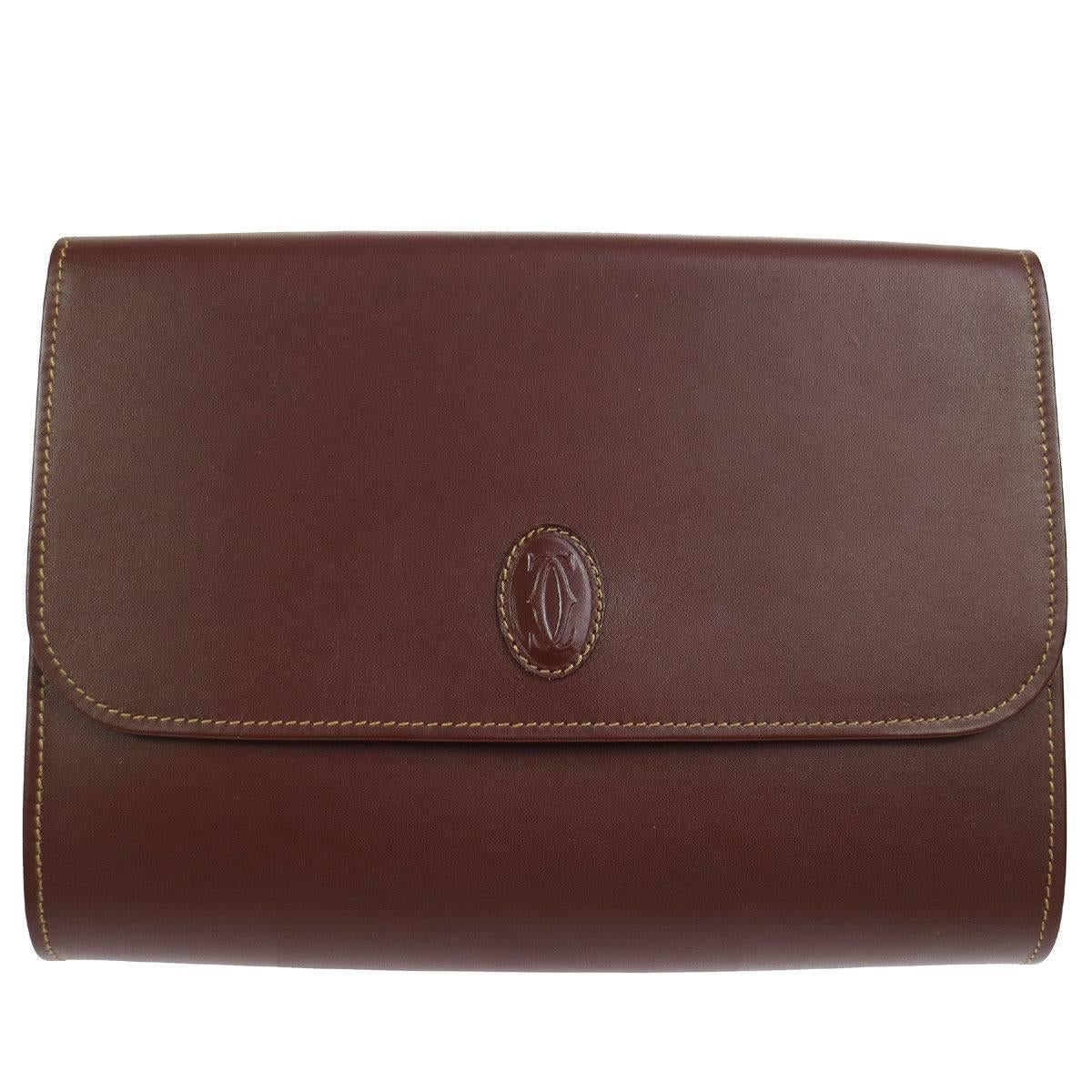 Cartier Bordeaux Leather Envelope Evening Fold Over Flap Clutch Bag in Box