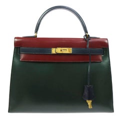 Hermes Kelly 32 Sellier Bordeaux Green Blue Leather Top Handle Satchel Flap Bag