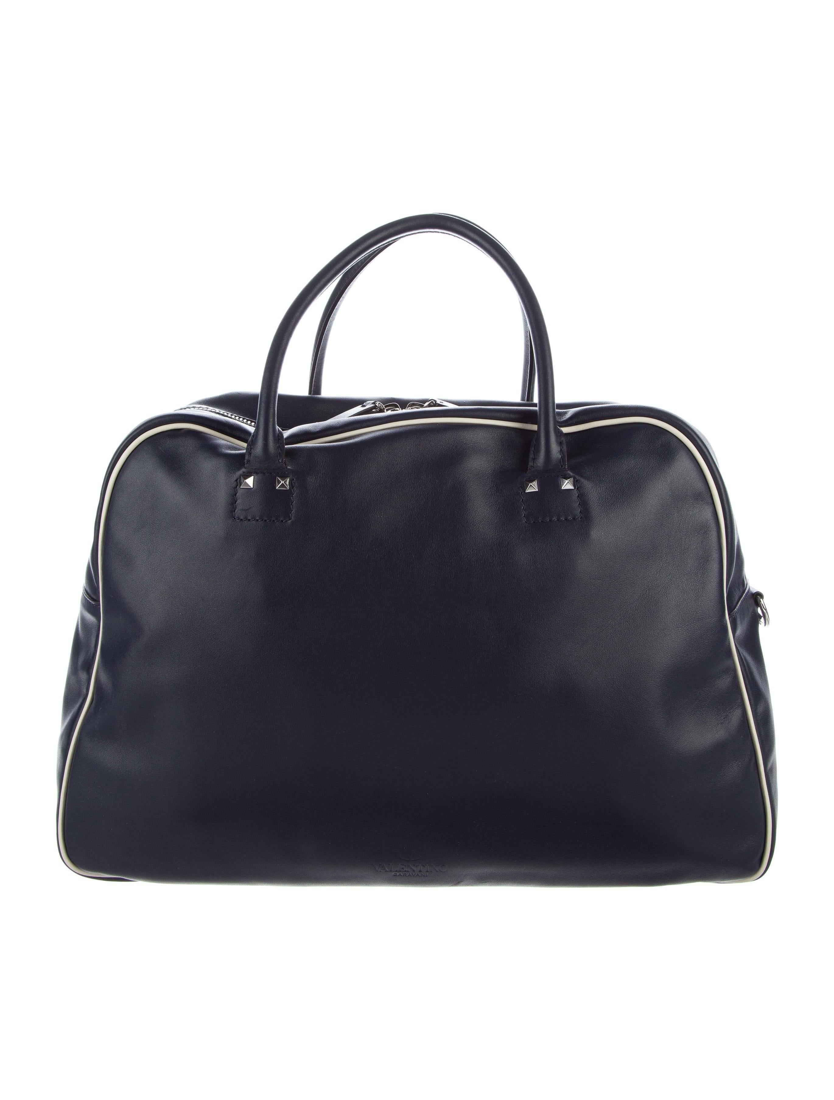 Black Valentino New Blue Leather Men's Travel Weekender Duffle Shoulder Tote Bag