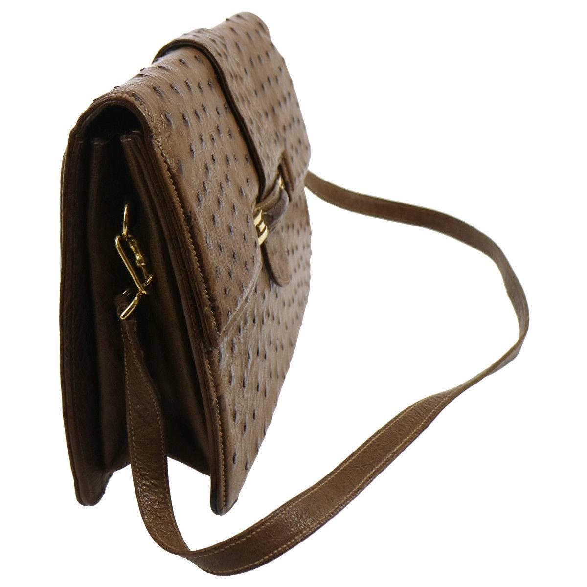 Brown Gucci Cognac Ostrich Leather 2 in 1 Evening Clutch Shoulder Flap Bag
