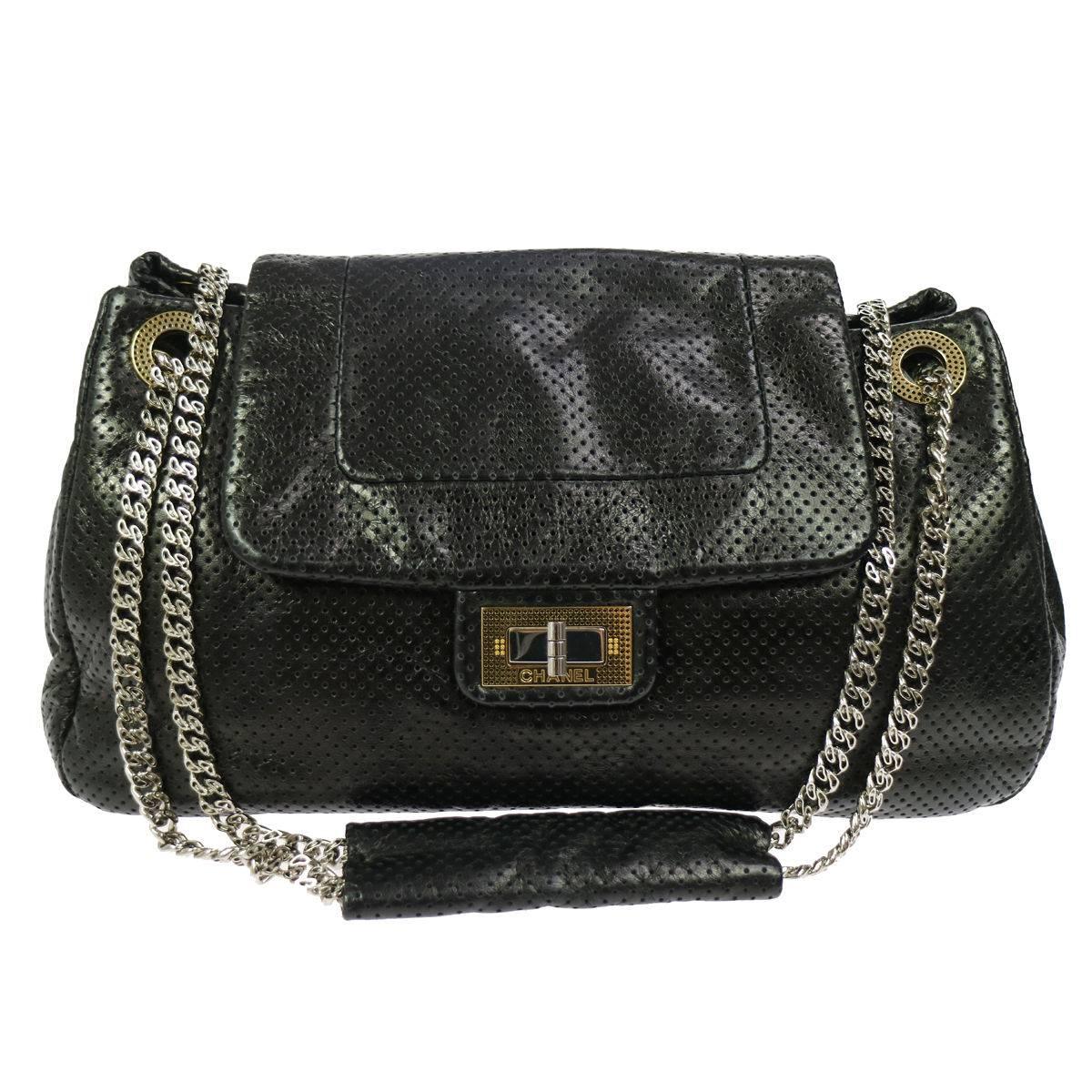 Chanel 2.55 Black Leather Gold Silver Evening Shoulder Flap Bag