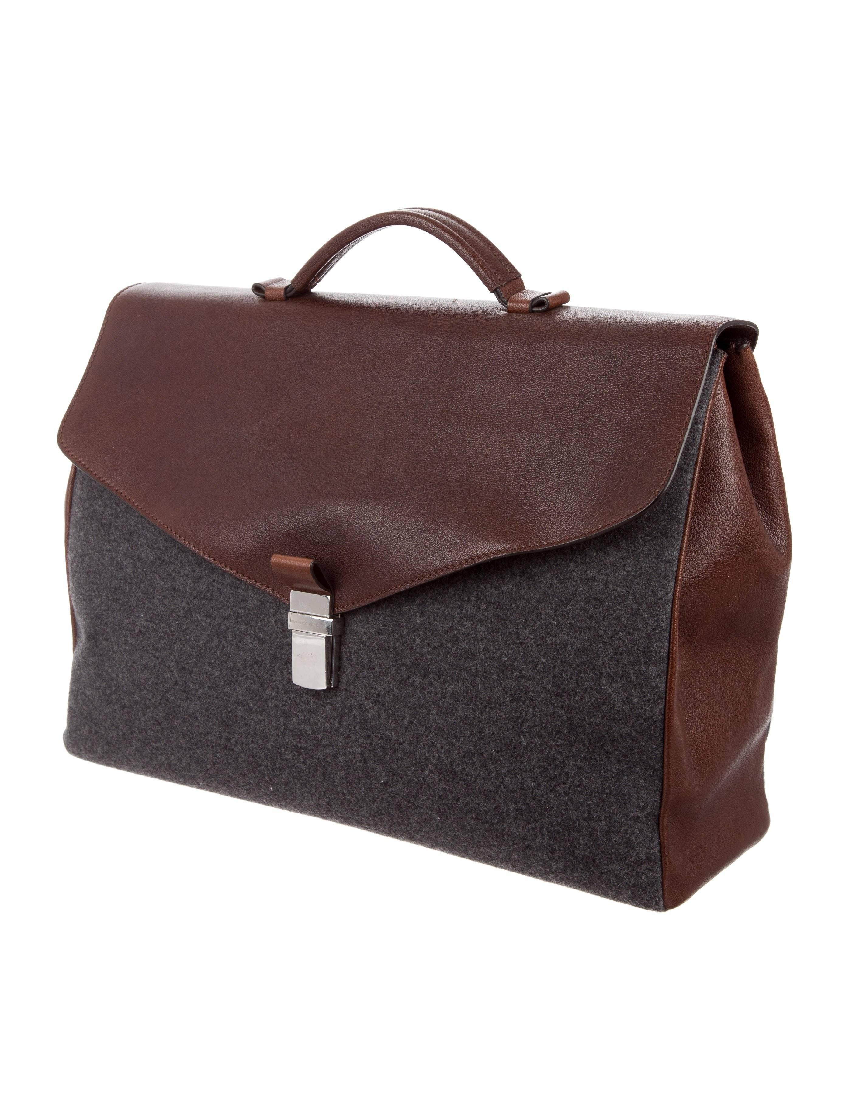 Black Brunello Cucinelli New Leather Cognac Wool Men's Travel Business Case Tote Bag