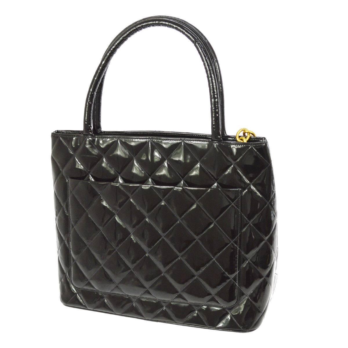 Chanel Black Patent Gold Charm Top Handle Travel Carryall Shoulder Tote Bag 2