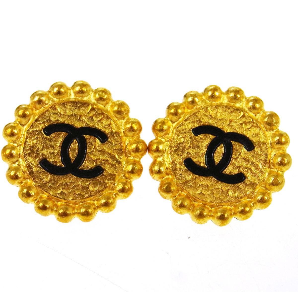 Chanel Gold Textured Round Black Charm Stud Evening Earrings 