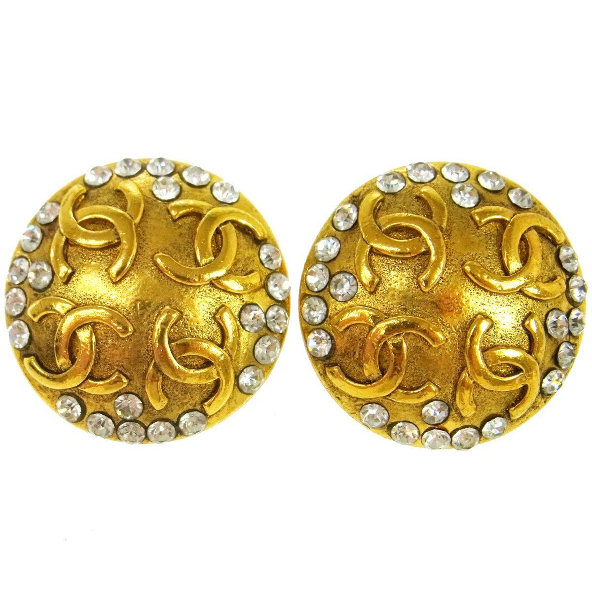 Chanel Gold Textured Rhinestone Evening Stud Round Statement Earrings