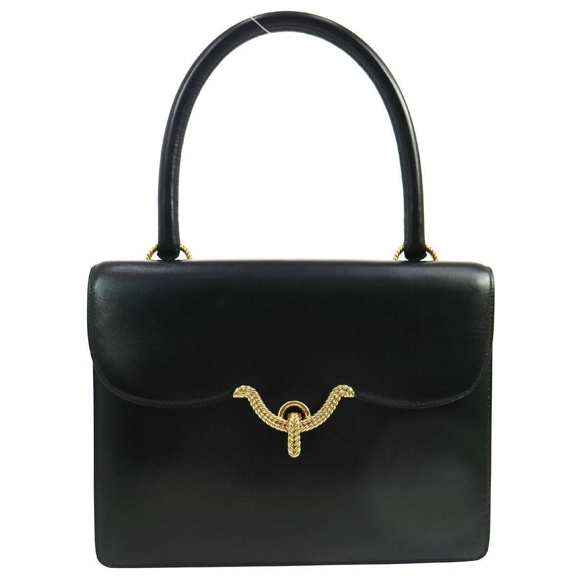 Hermes Black Leather Gold Braided Evening Top Handle Satchel Shoulder Flap Bag