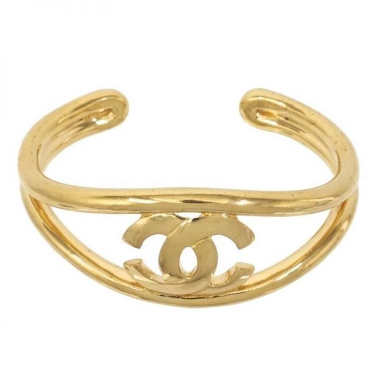 Chanel Gold CC Logo Open Adjustable Evening Bangle Cuff Bracelet at 1stDibs